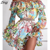 Cold Shoulder Ruffles Frill Hem Graphic Print Long Sleeve Fairy Flower Sundress Summer Women's Dress Femme Robe