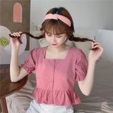 Shirts Women Summer Short Sleeve Square Collar Ruffles Crop Top Chic Fashion Korean Style Casual Womens Ulzzang