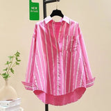 2025 Spring And Autumn New Korean Version Of Small Fresh Cardigan Striped Single Pocket Loose Lanky Long Sleeve Shirt