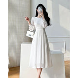 Long Sleeves White Midi Dresses for Women 2023 New Autumn French Elegant Fashion Evening Wedding Party Robe Female