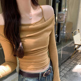 Two-Piece Suspender Collar Shoulder Fold Shoulder Long-Sleeved T-Shirt Women's Early Autumn New Korean Style