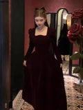 Winter Vintage Christmas Red Velvet Dress French Elegant Square Collar Evening Party Prom Vestidos Women