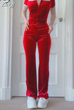 Autumn Casual Velvet Jumpsuit for Women Turn Down Collar Short Sleeves Zipper Straight Slim Outfits High Streetwear