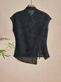 Chinese Style Cheongsam Blouse Black Jacquard Shoulder Short-Sleeved T-Shirt 2024 New Summer Vintage