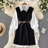 Style Fragrant Style Suit Design Feeling Minority White Shirt Skirt Knitted Vest Skirt Folded And Waist Two-Piece