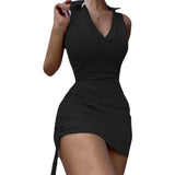 Fashion Sport Casual Lapel Drawstring Sheath Dress Summer Simple Sexy Women Sleeveless Solid Color Bodycon Mini