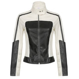 Color Block Zipper Faux Leather Moto JacketOutfit