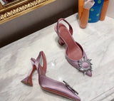 and American 2021 Summer New Pointed High Heel Women's Shoes SUNFLOWER Drill Buckle Closed Toe Wine Cup Heel