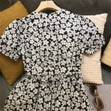 New Women's Summer V Neck Short Sleeve A Line High Waist Fashion All Over Floral Printed Puff Sleeve Belted Smock