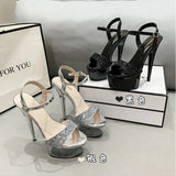 Zingj Summer Sequins With Ultra High Heel Transparent Bottom Crystal Thick Heel Women's Single Shoes Sandals Wedding Bridesmaid Moon