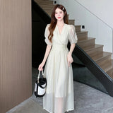 New French Midi Dresses for Women 2023 Elegant Party V-neck Bubble Sleeve Small Fresh Temperament A-line Female