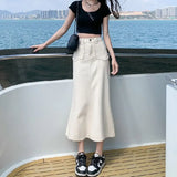 Zingj 2024 New Vintage High-Waisted Denim Skirt Female Medium Long A-Line Hip Fishtail Skirt-Outfit