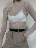 Fall Elegant See Through Long Sleeve Mock Neck Women Tops Fashion Streetwear Sexy T-Shirts Tees Slim