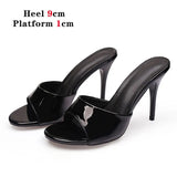 Summer Slippers Women Shallow Solid Color One word with Home Sandals Beach Shoes Sexy High Heels 7cm Thin Heels Pu Women