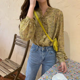 Print Women Shirt V-neck Chiffon Blouse Long Sleeve Women Tops Autumn Blusa Chic Cardigan Loose Chemisier Femme