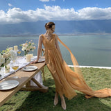 Zingj Women's Wear Xinjiang Qinghai Tibet Desert Island Travel Chispon V-Neck Orange Open Back And Drag Tail