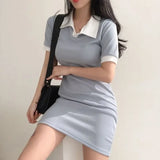 Women Panelled Preppy Style Korean Fashion Ulzzang Sheath Summer Chic Mini Turn-down Collar Classic College