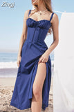 Women's Summer Floral Print Dresses Sweet Elegant Midi Holiday Dress Casual Slit Blue Lace Up Dresses
