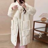 Scarf Long Down Jacket Female 2024 Winter Korean Sweet Thick Pocket Over The Knee White Duck Down High-End Coat-Outfit