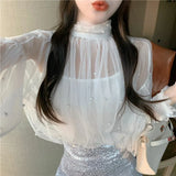 Pieces Set Shirt +Tank Spring Women Lace Bottoming Blouse Beading Mesh Shirt Female Lantern Sleeve Blouses Short Tops