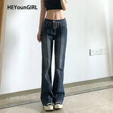 Casual Vintage Black Jeans Women 2000s Aesthetic Skinny Flared Pants Capris with Belt Fashion Korean