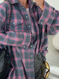 style versatile lapel loose fitting shirt 2024 autumn plaid long sleeved pocket women's