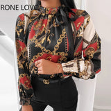 Women Tie Neck Scarf Print Long Sleeve Blouse Spring Tops and