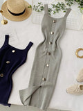 Summer Pink/Red/White/Black Women Knitted Dress Vintage High Waist Button Single-breasted Slim Casual Dress For Female