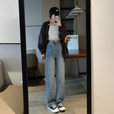 Korean jeans Women Mopping Trousers Denim Vintage blue streetwear high waist wide leg pants trousers Femme