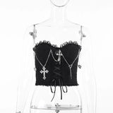 Gothic Cross Chain Brace Strap Irregular Rose Textured Lace Skirt Hierarchical Halter