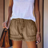 Tighten The Waist Tassel Denim Shorts Woman-Outfit