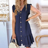 New Women Flying Sleeve Party Dress Fashion V Neck Single -breasted Layered Cake Dress Summer A-Line Loose Shirt