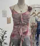 Lotus Leaf Side Flower V-Neck Sling Vest Dyed Mesh Cross-Sleeveless Top