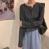 Sleeve T-shirts Women Elegant Simple Pure Button Design Retro Ins Autumn Ladies Tees Top All-match BF Style Mujer