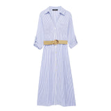 Spring Dress With Belt Striped Shirt