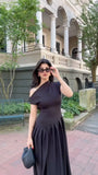 Women Elegant Irregular Pleated Dress Fashion O Neck Patchwork Short Sleeve Long Dresses 2024 Sexy Casual Office Lady