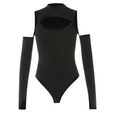 Fashion Women’s Long-sleeved Bodysuit Solid Color Hollow Off-shoulder Half High Collar