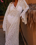 Neck Crochet Hollowed Out Flare Sleeve Midi Dress Women Loose See Through Vestidos 2024 Sexy Party Beach Vacation Female