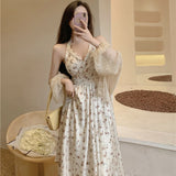 Zingj Size Fat MM Show Thin Hot Girl Summer Hanging Neck Type Broken Flowers In The Long Skirt Fairy Temperament French Accept Waist Dress-Outfit