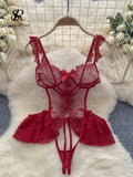 Summer Strap Sheer Sexy Bodysuits Ruffles Hotsweet Mesh Erotic Nightwear Fashion Embroidery Backless Sensual