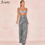 Sexy Translucent High Waist Bright Silk Straight Pants for Women Y2K Fashion Loose Wid-Leg Pants Party Clubwear