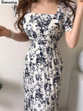 Elegant Women Print Puff Sleeve Prom Dress Lady One Piece Casual A-Line Maxi Vestdios Female Pleated