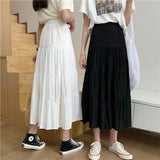 Summer Women Chiffon Skirts Vintage High Waist Elastic Patchwork White Black Chic Long Cake A-line Skirt for