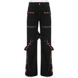 SUCHCUTE Gothic Bandage Jeans Women Dark Academic Low Waist Wide Leg Pant Harajuku Vintage Emo Hip Hop Denim Trousers Punk