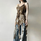 Zingj Soil Ragged Feeling Dizzy Dye Hanging Neck Vest Female Flounce Irregular Long Money To Receive Waist