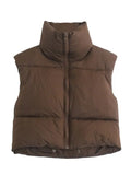 Women Fashion Brown Cropped Vest Coat Female Stand Collar Zipper Waistcoat Ladies Casual