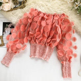 Off Shoulder womens tops and blouses Mesh Sheer Puff Sleeve Tops Summer 3D Flower Vintage White Women Shirt