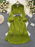 Light And Extravagant Miyake Pleated Long-Sleeved Diamond-Encrusted Vertical Collar Waist Showing Thin Bright Face A-Shaped Dress