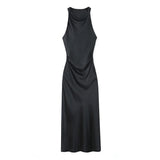 Spring Style Silk Satin Waist Pleated Dress