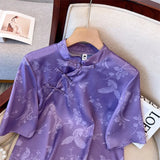 Button-Down Blouse Women 2023 Summer Style Retro Silk Shirt Women's Short-Sleeved Five-Sleeve